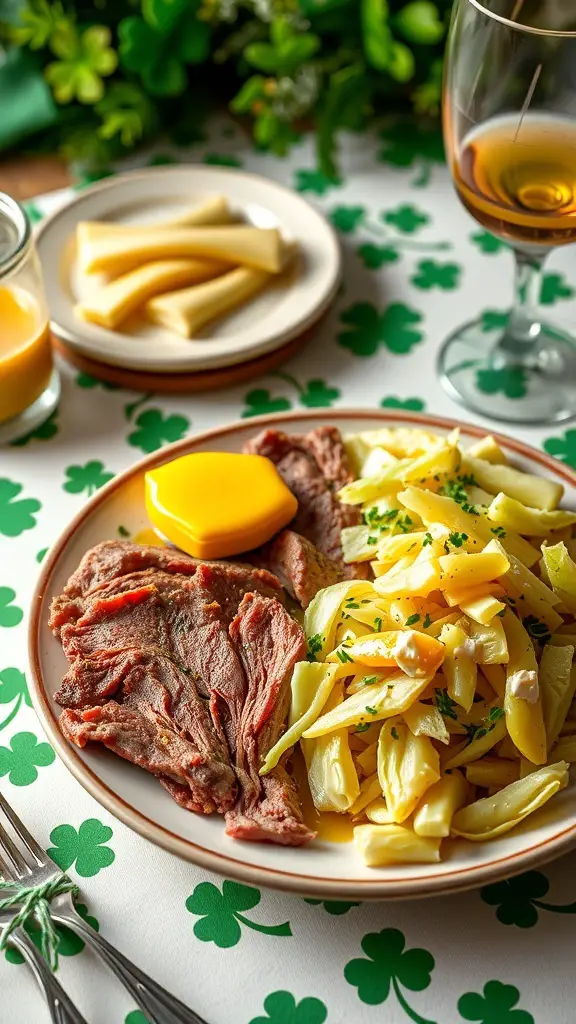 A plate of corned beef with cabbage and potatoes on a green shamrock tablecloth.