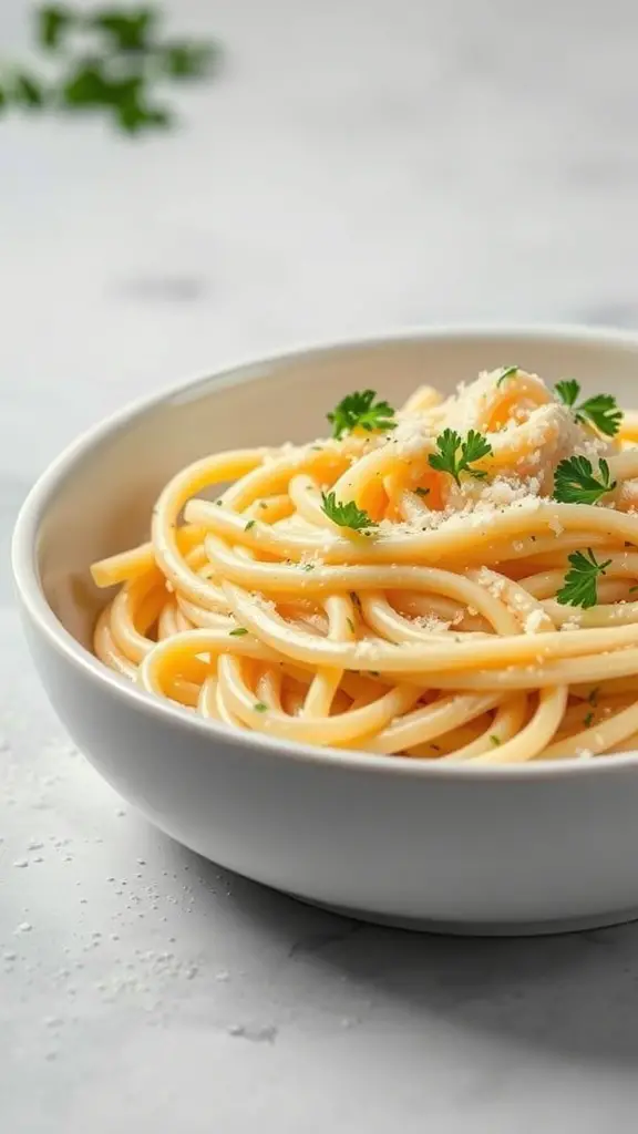 A bowl of rich and creamy Alfredo pasta garnished with parsley