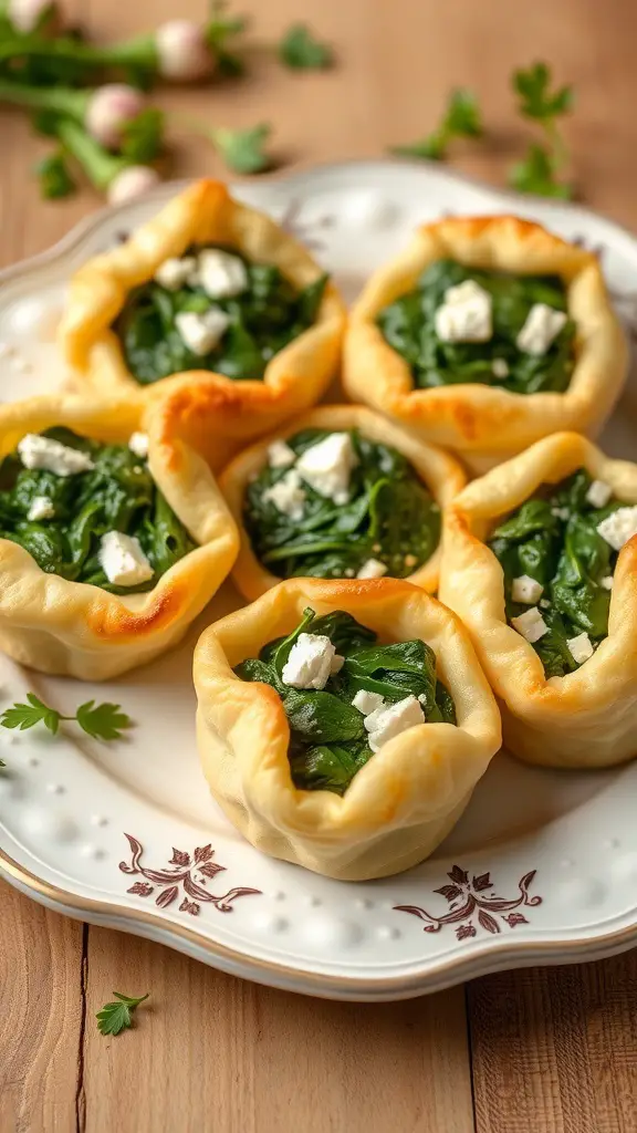 Savory spinach and feta pastry puffs on a decorative plate.