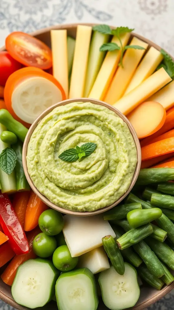 A bowl of spring pea and mint dip surrounded by colorful fresh vegetables.