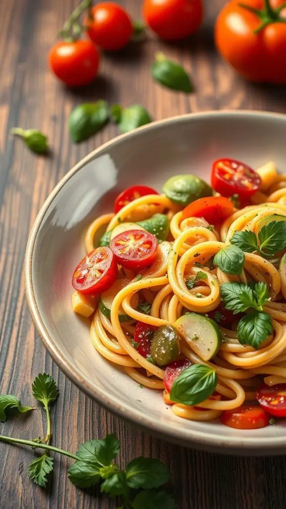 A bowl of pasta primavera with cherry tomatoes and fresh herbs on a wooden table.