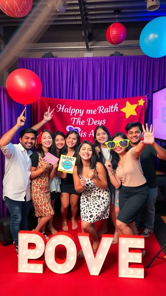 Group of friends enjoying a photo booth at an 18th birthday party
