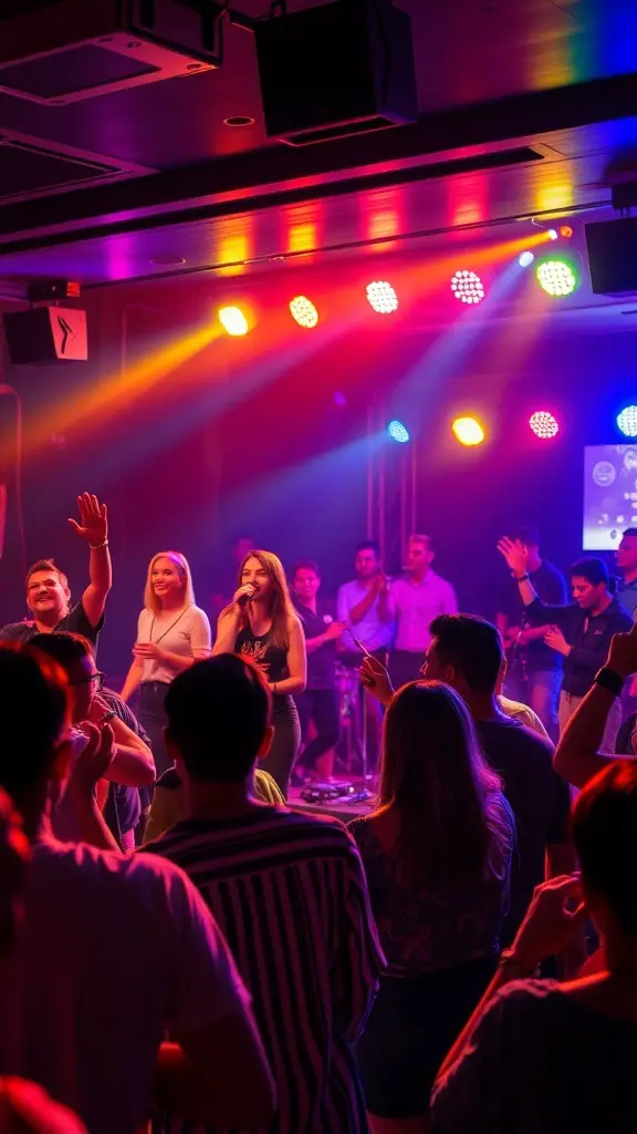 A lively karaoke night with friends singing and colorful lights