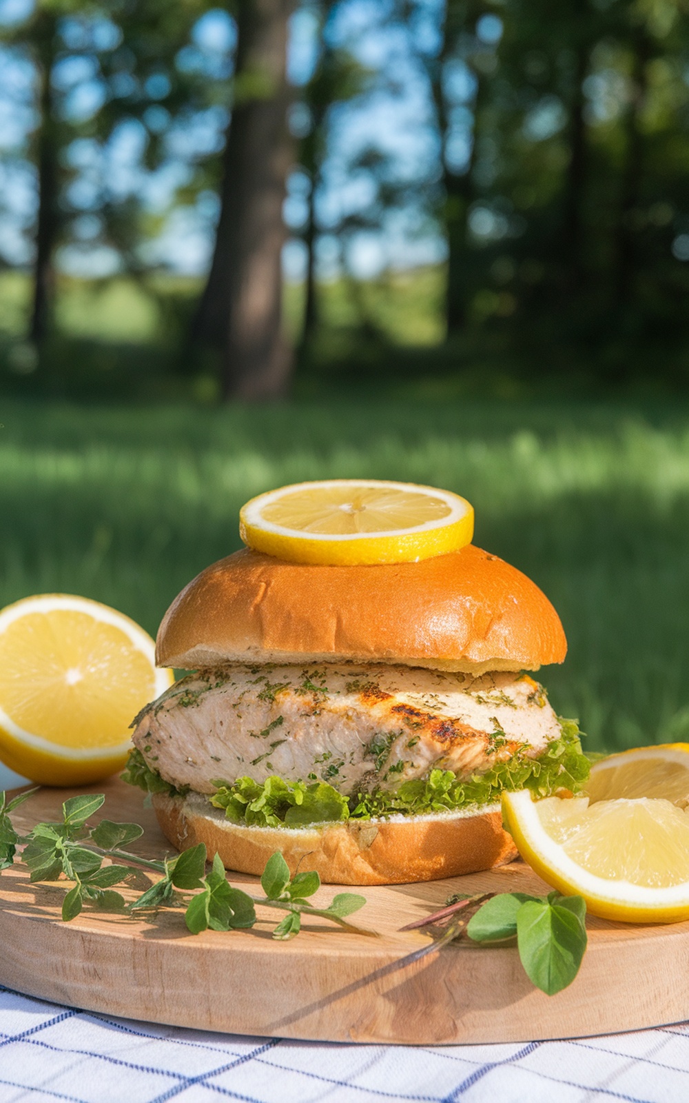 A Lemon Herb Grilled Chicken Burger with lettuce and lemon slices, set against a green background.