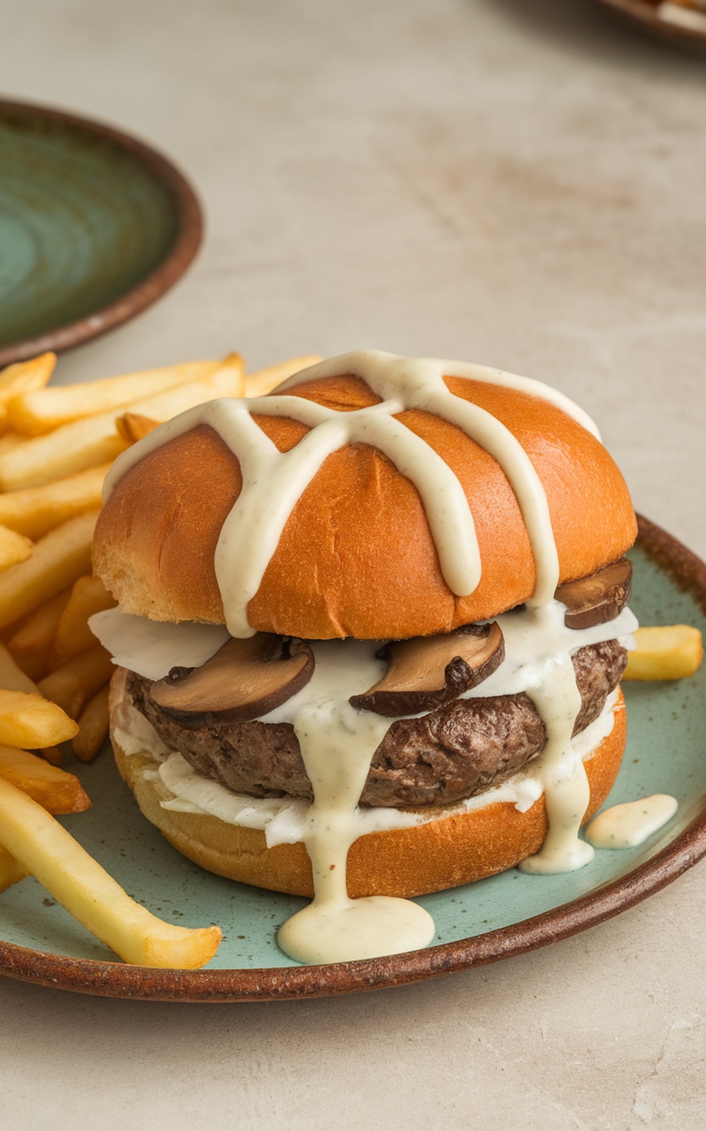 A Mushroom Swiss Burger with garlic aioli and fries on a plate.