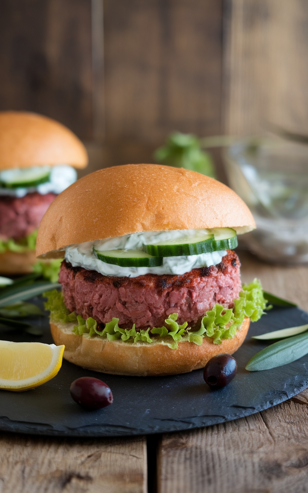 Mediterranean lamb burger with tzatziki sauce, lettuce, and cucumber, served on a slate plate with lemon and olives.