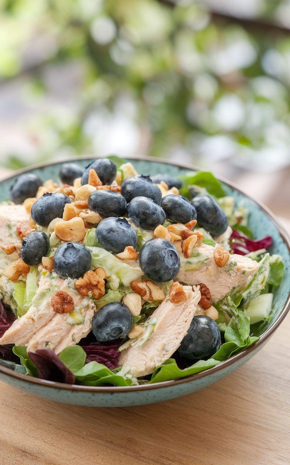 A bowl of savory blueberry chicken salad with chicken, blueberries, nuts, and mixed greens.
