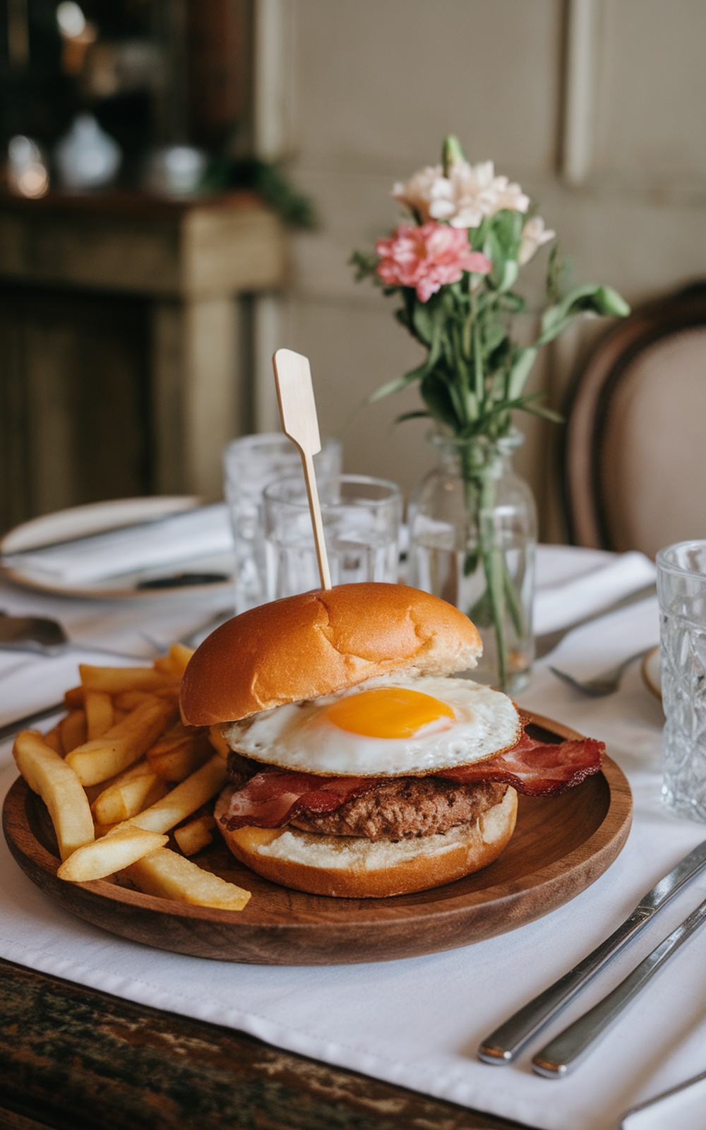 A breakfast burger with a fried egg and bacon, served with fries on a wooden plate.