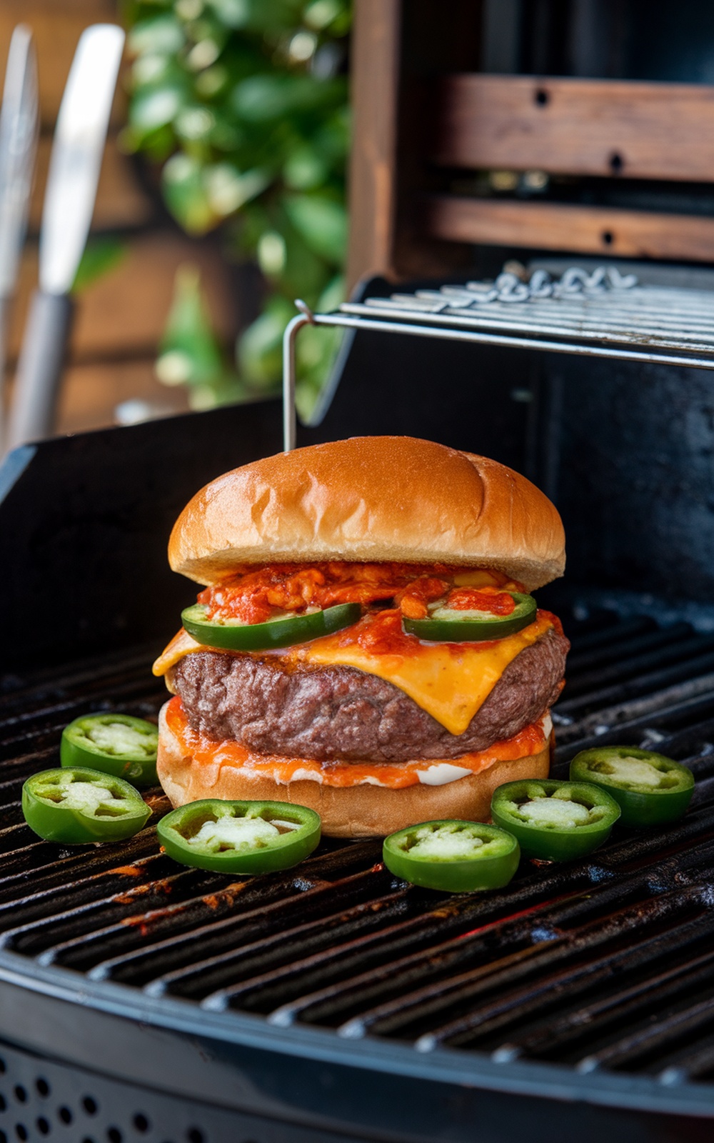 A spicy jalapeño burger with Pepper Jack cheese on a grill, surrounded by fresh jalapeño slices.
