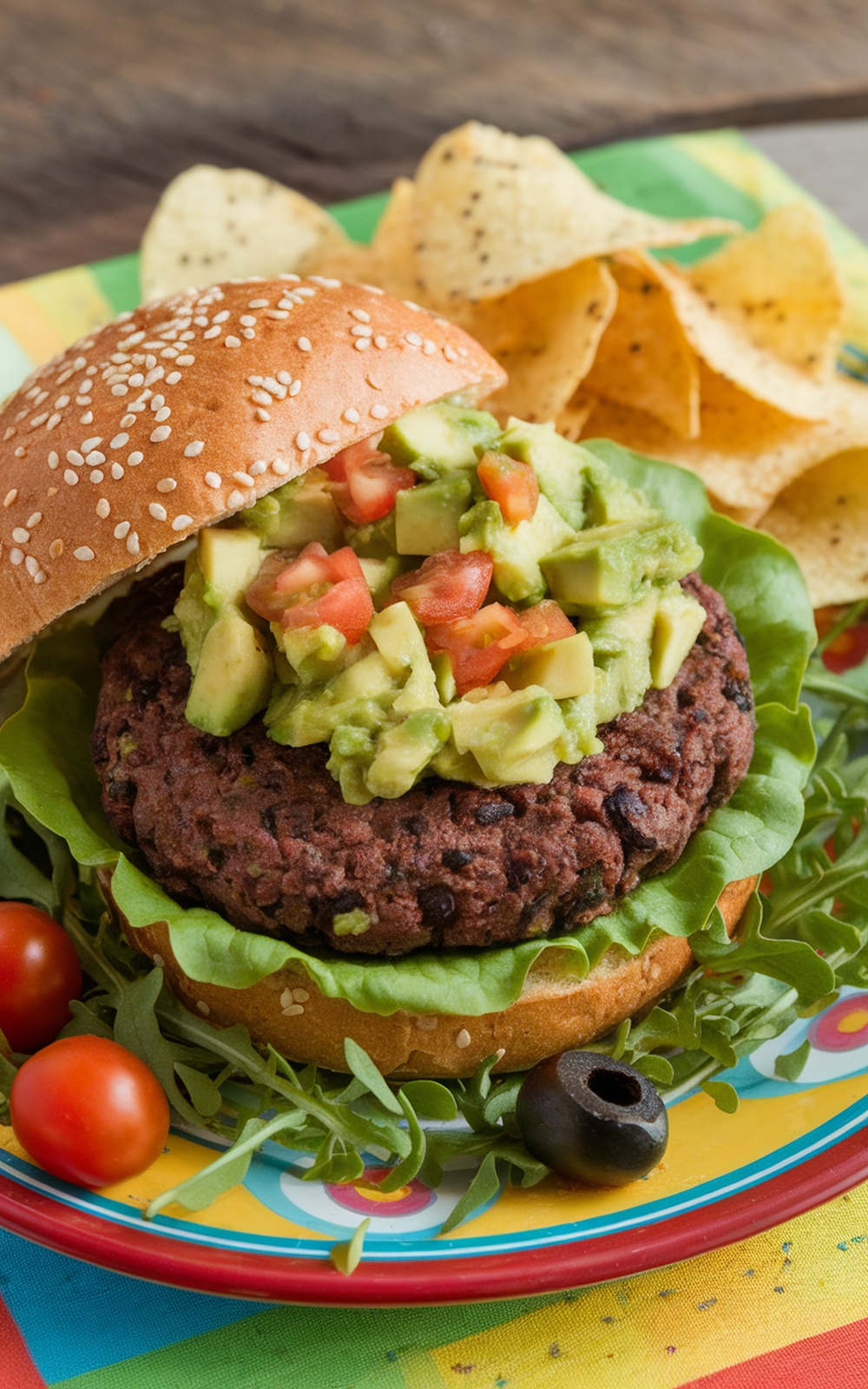 A black bean burger topped with avocado salsa, served with tortilla chips on the side.