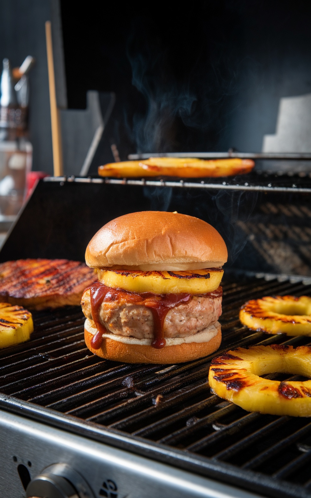 A BBQ Pineapple Chicken Burger on a grill with grilled pineapple slices.
