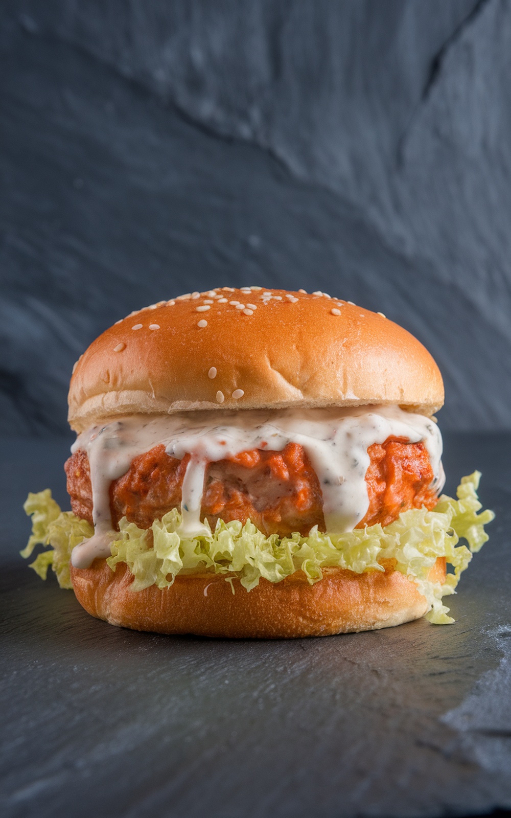 Buffalo Ranch Chicken Burger with lettuce and ranch dressing on a sesame seed bun