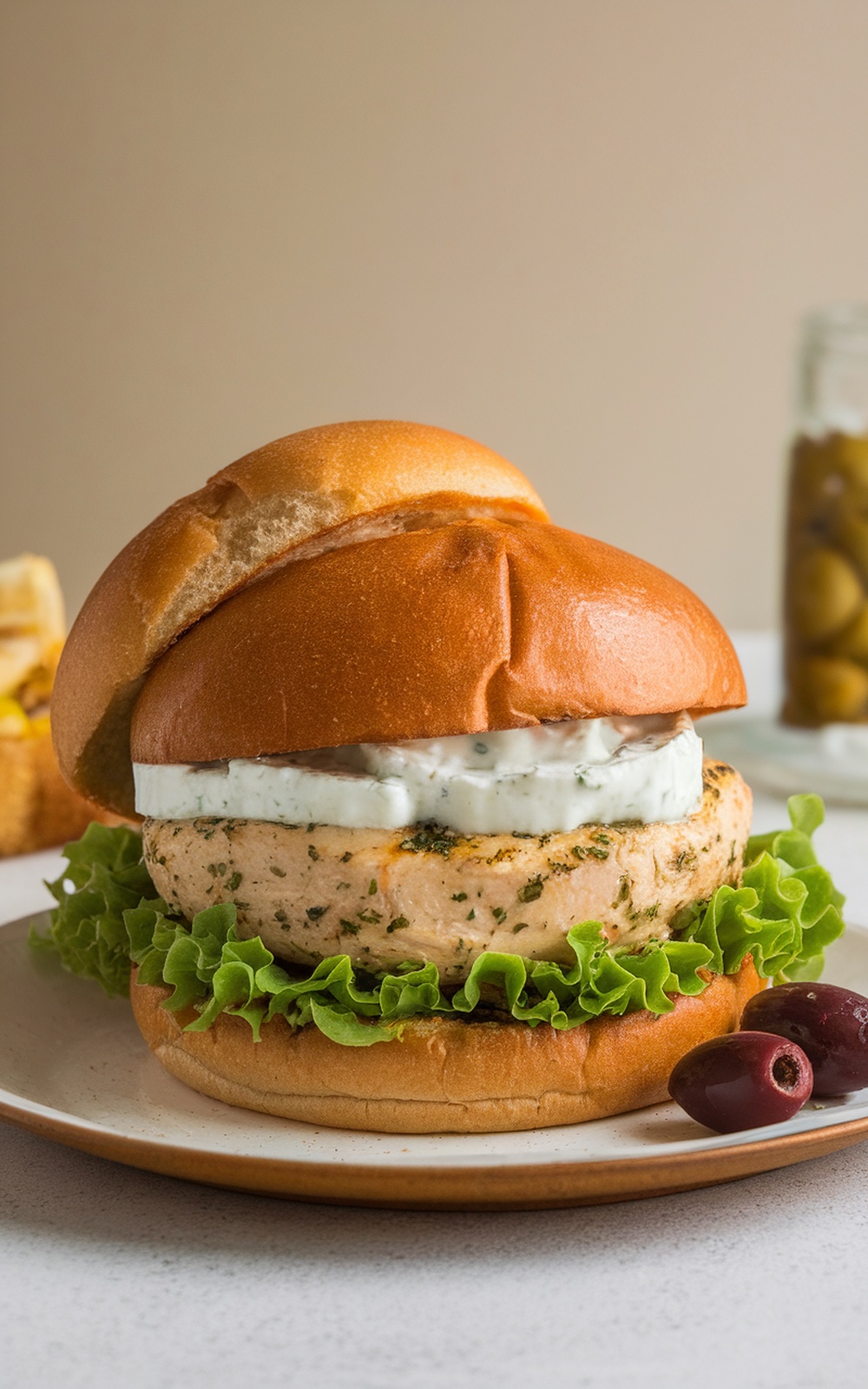 A Mediterranean Herb Chicken Burger with lettuce and creamy sauce on a plate, accompanied by olives.