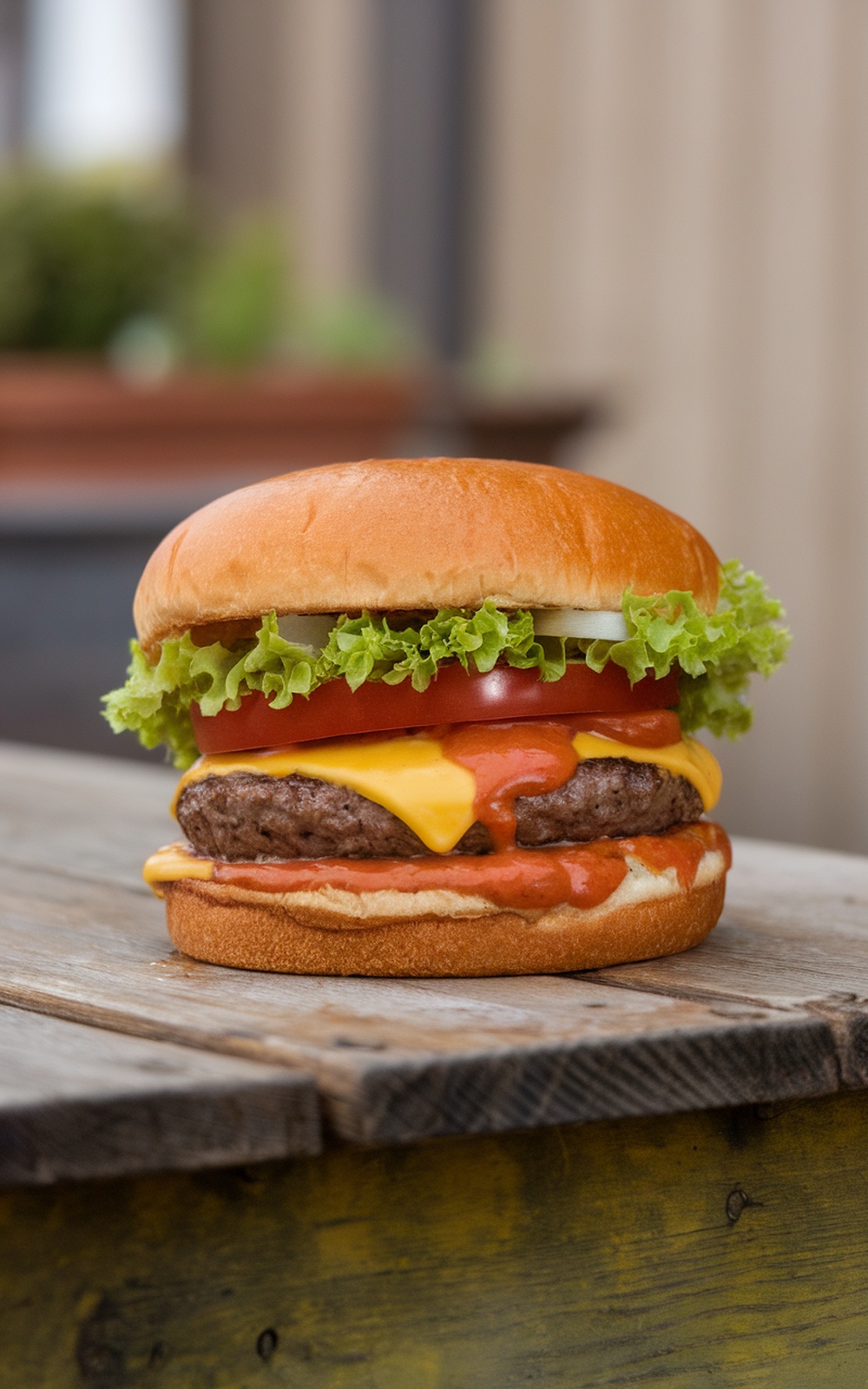 A classic cheeseburger with lettuce, tomato, cheese, and ketchup on a wooden table.