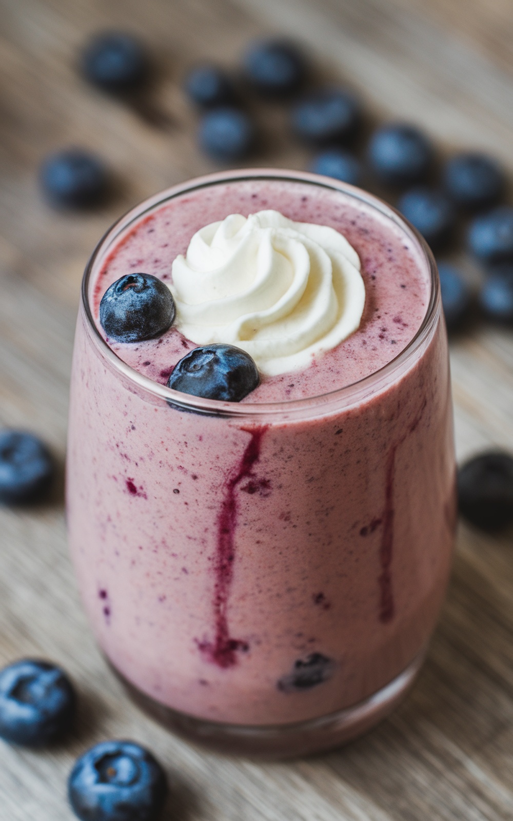 A creamy blueberry smoothie topped with whipped cream and fresh blueberries.
