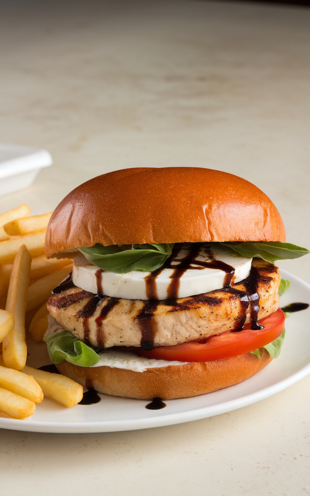 A Caprese Chicken Burger with mozzarella, tomato, and basil, served with fries.