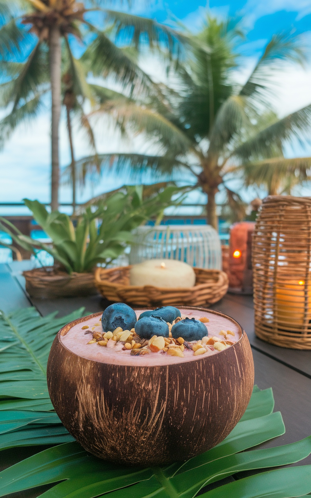 A coconut bowl filled with a blueberry smoothie topped with blueberries and nuts, set against a tropical background.