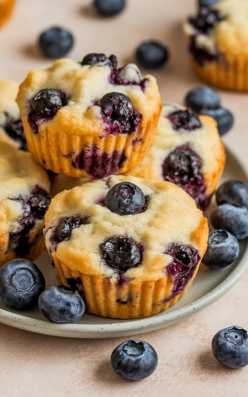 A plate of keto blueberry muffin top cookies with fresh blueberries around them.