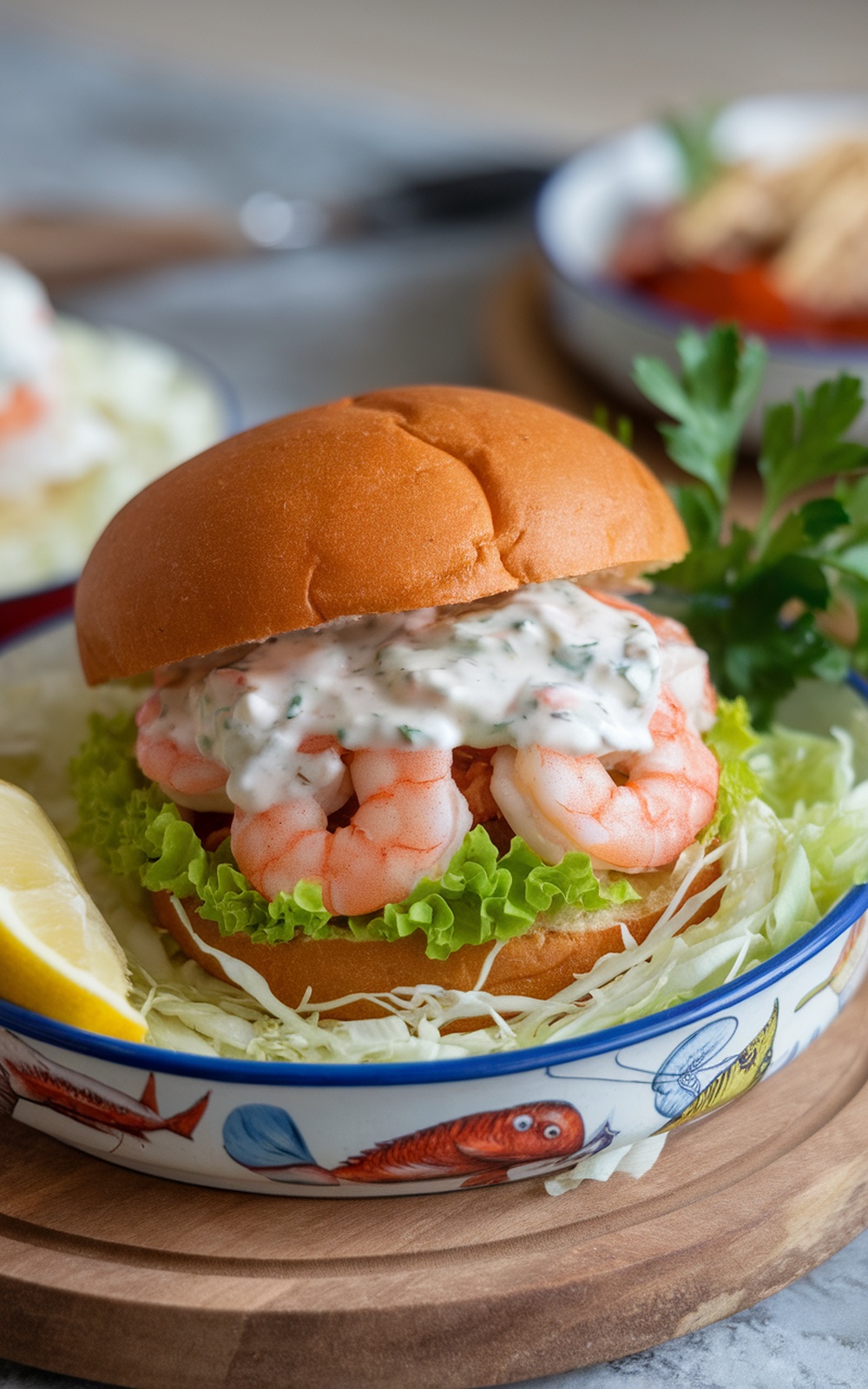 A Cajun shrimp burger with remoulade sauce, lettuce, and a slice of lemon on a wooden platter.