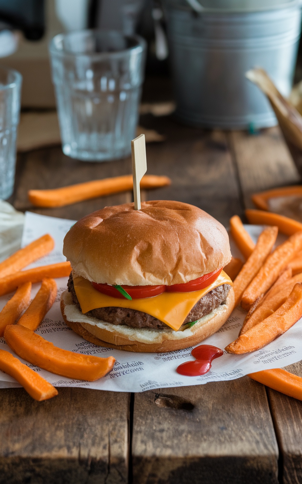 A Cheddar and Chive Burger with Sweet Potato Fries on a wooden table.