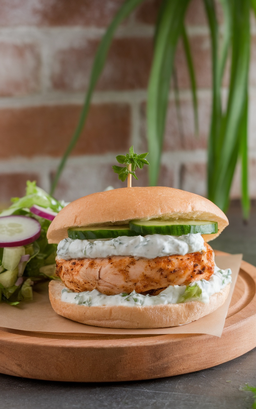 A Greek chicken burger with tzatziki sauce, cucumber slices, and a side salad on a wooden plate.