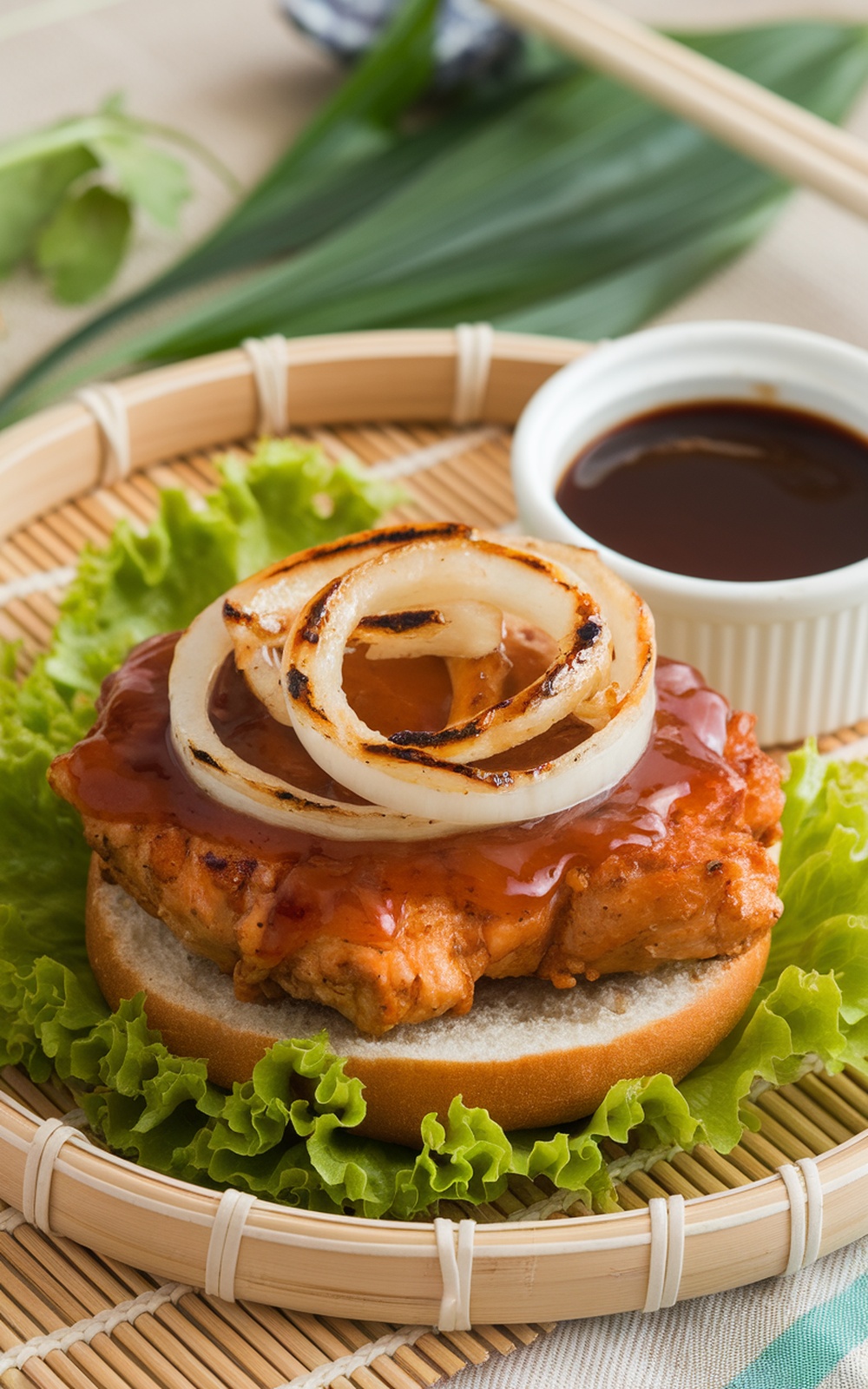 A delicious Teriyaki Chicken Burger with grilled onions on a bed of lettuce, served with a side of teriyaki sauce.