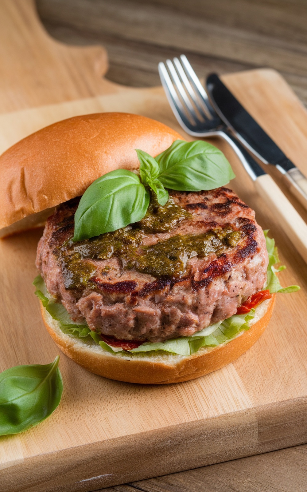 A delicious Pesto Turkey Burger with sun-dried tomatoes on a wooden cutting board.