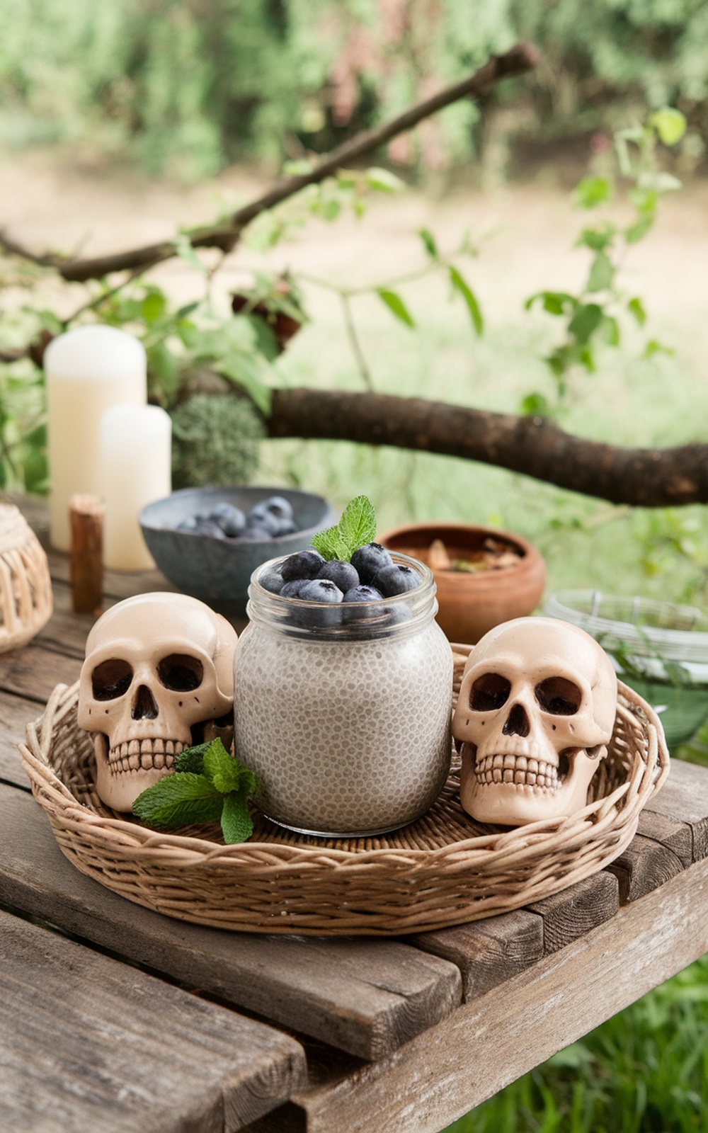 A jar of blueberry chia seed pudding topped with blueberries and mint, surrounded by skull decorations on a wooden table.