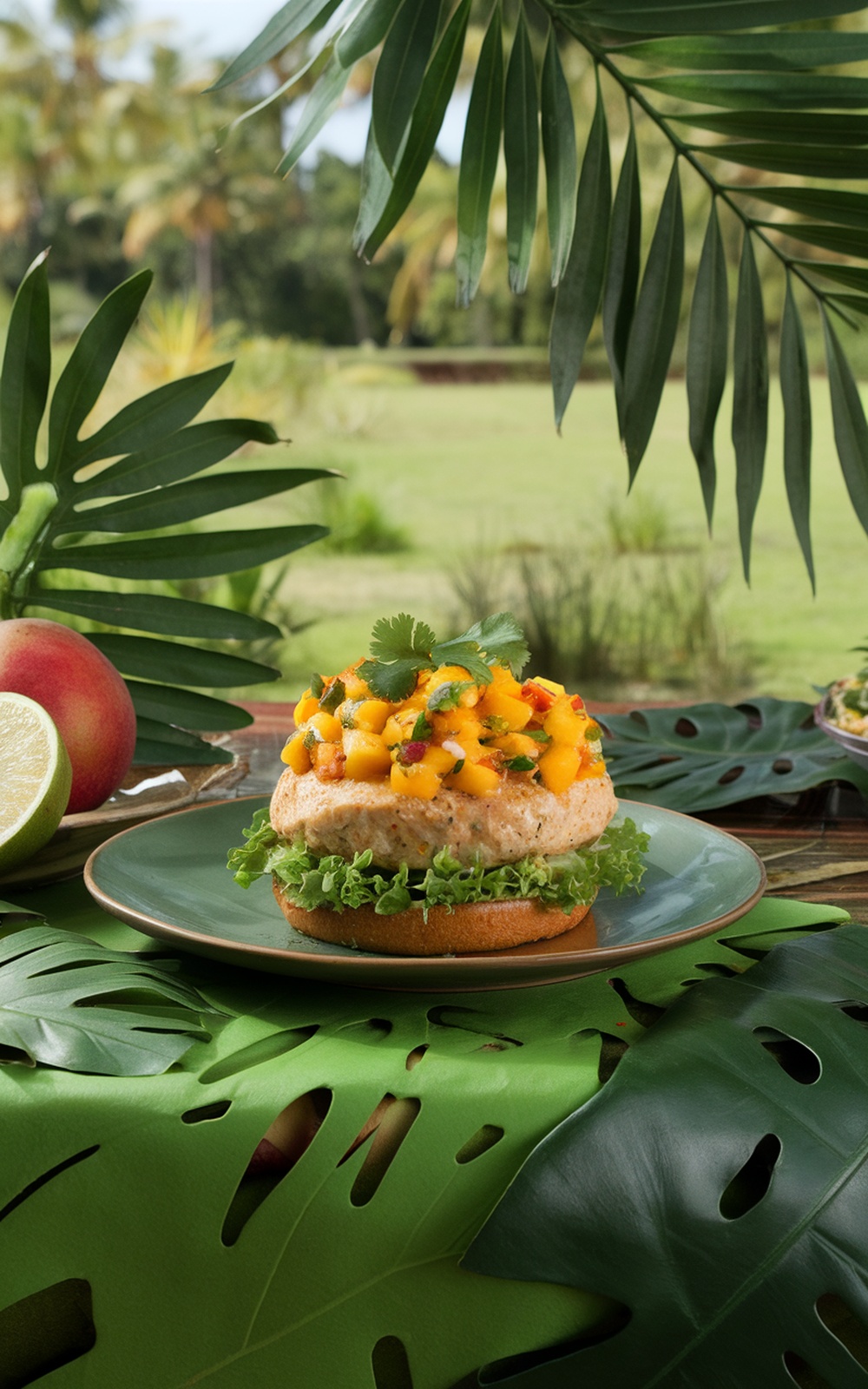 A delicious Mango Salsa Chicken Burger with vibrant toppings, served on a green plate surrounded by tropical leaves.