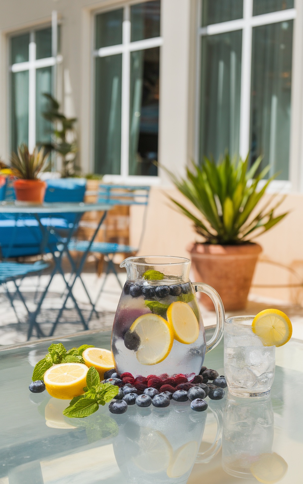 A pitcher of blueberry infused water with lemon slices and mint leaves, served with a glass of ice.