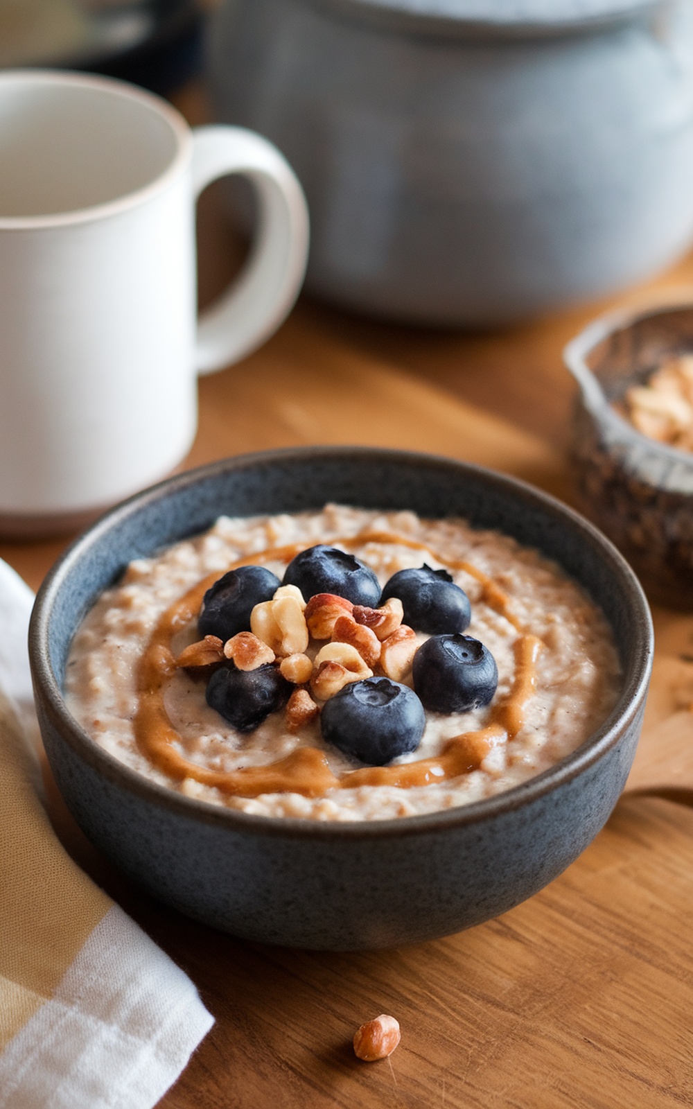 A bowl of keto blueberry oatmeal topped with blueberries and nuts.