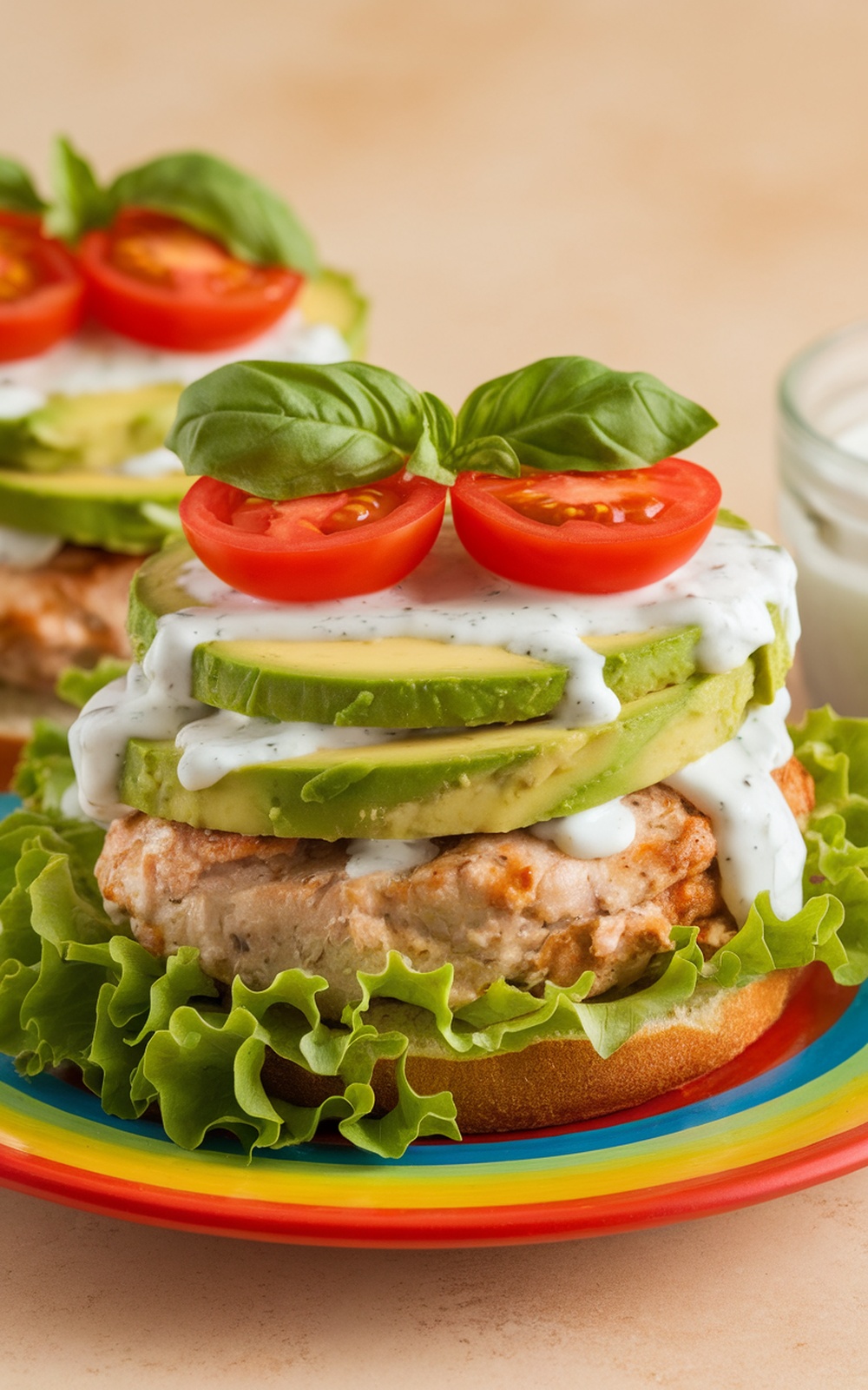 Avocado Ranch Chicken Burger with layers of avocado, tomatoes, and ranch dressing