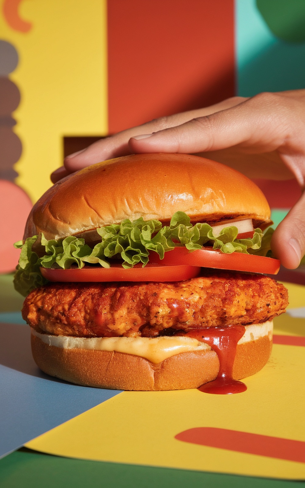 A hand holding a Sriracha Honey Chicken Burger with lettuce and tomato, set against a colorful background.