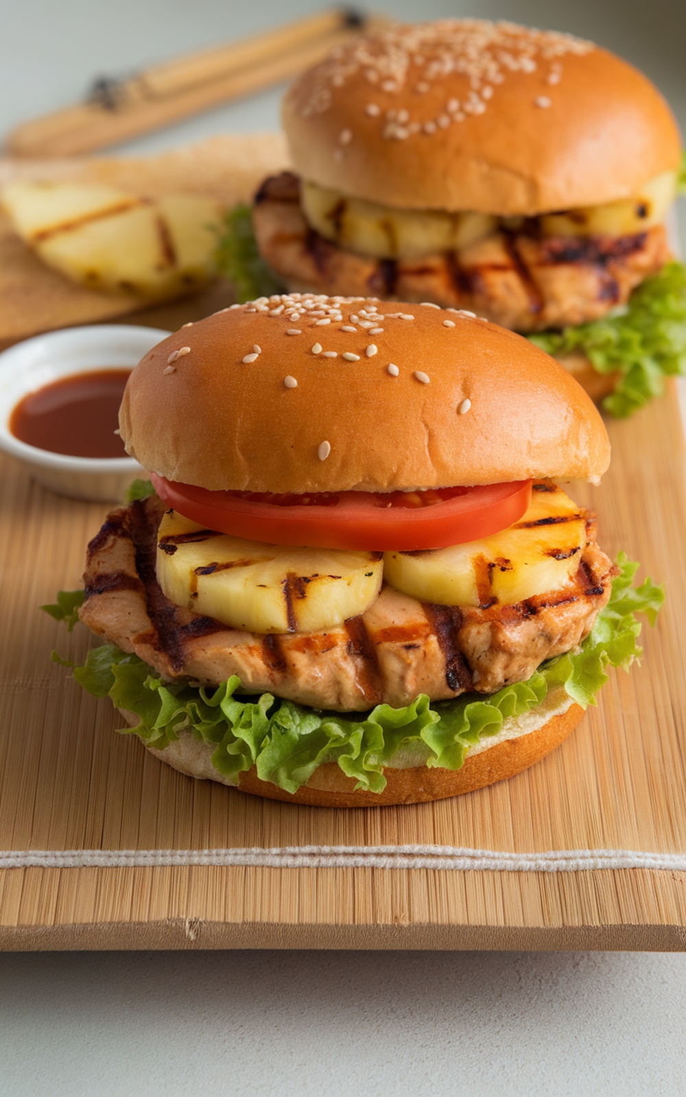 A Teriyaki Chicken Burger with grilled pineapple, lettuce, and tomato on a sesame seed bun.
