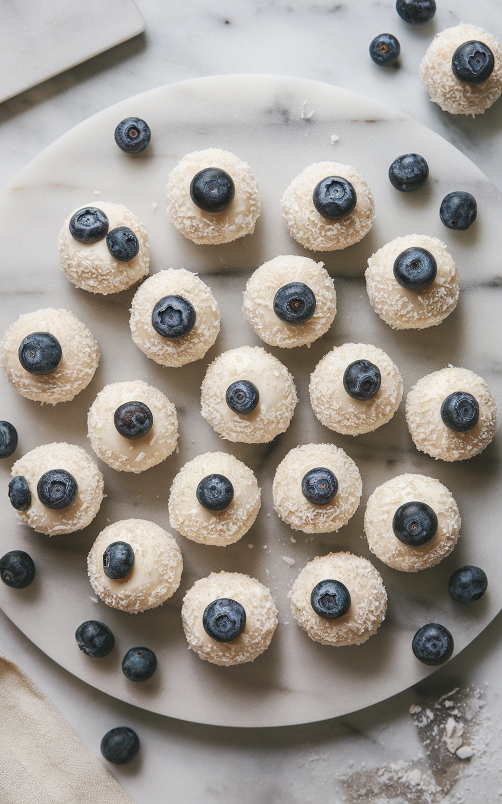 A plate of blueberry coconut fat bombs, topped with fresh blueberries and shredded coconut.
