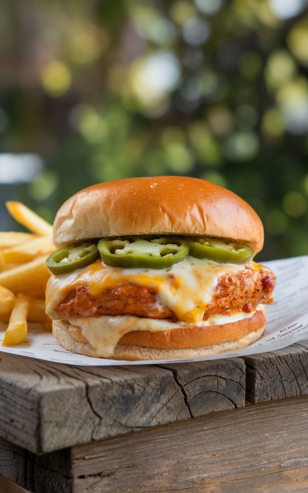 A spicy jalapeño chicken burger with melted cheese and jalapeño slices, served with fries.