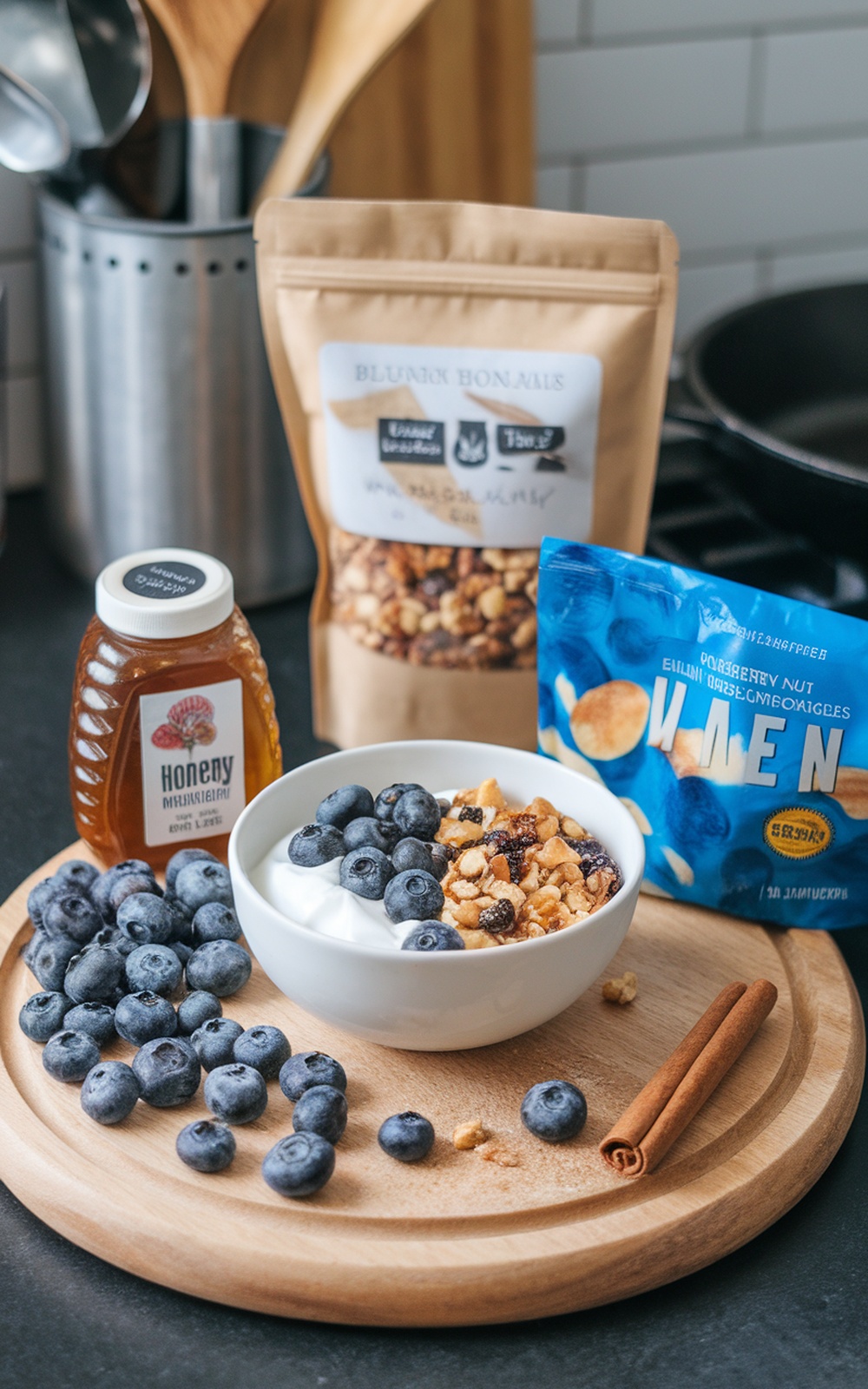 A bowl of yogurt topped with blueberry nut granola, fresh blueberries, and honey, with additional blueberries and cinnamon sticks on a wooden platter.