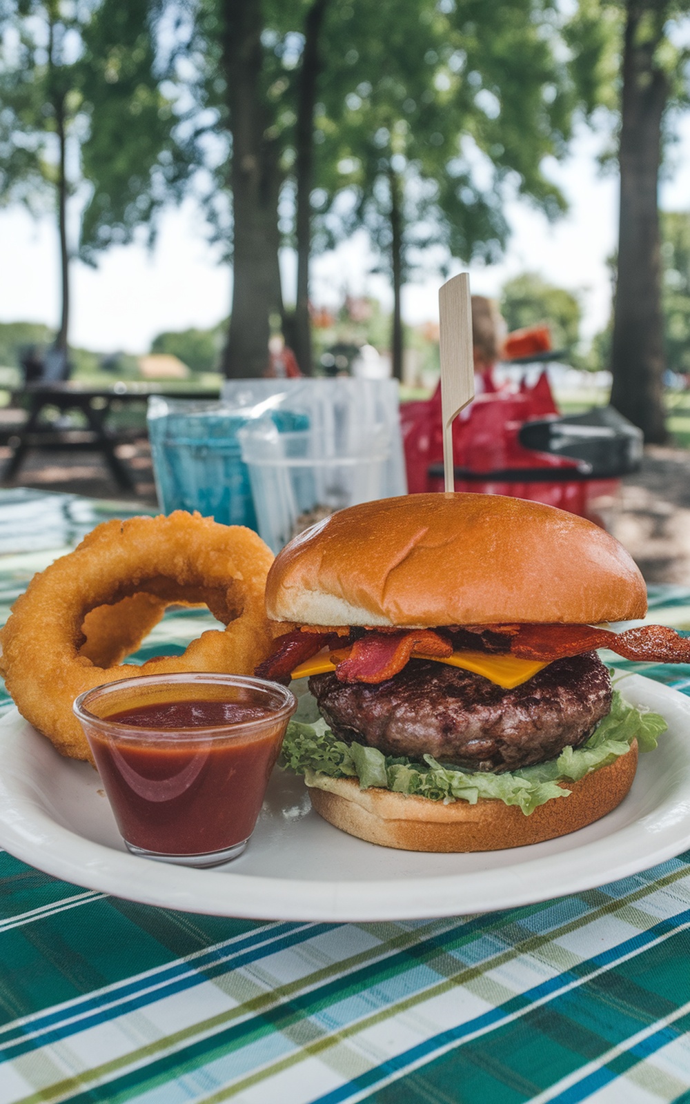 A BBQ Bacon Burger with onion rings on a plate, featuring a juicy beef patty, crispy bacon, and cheddar cheese.
