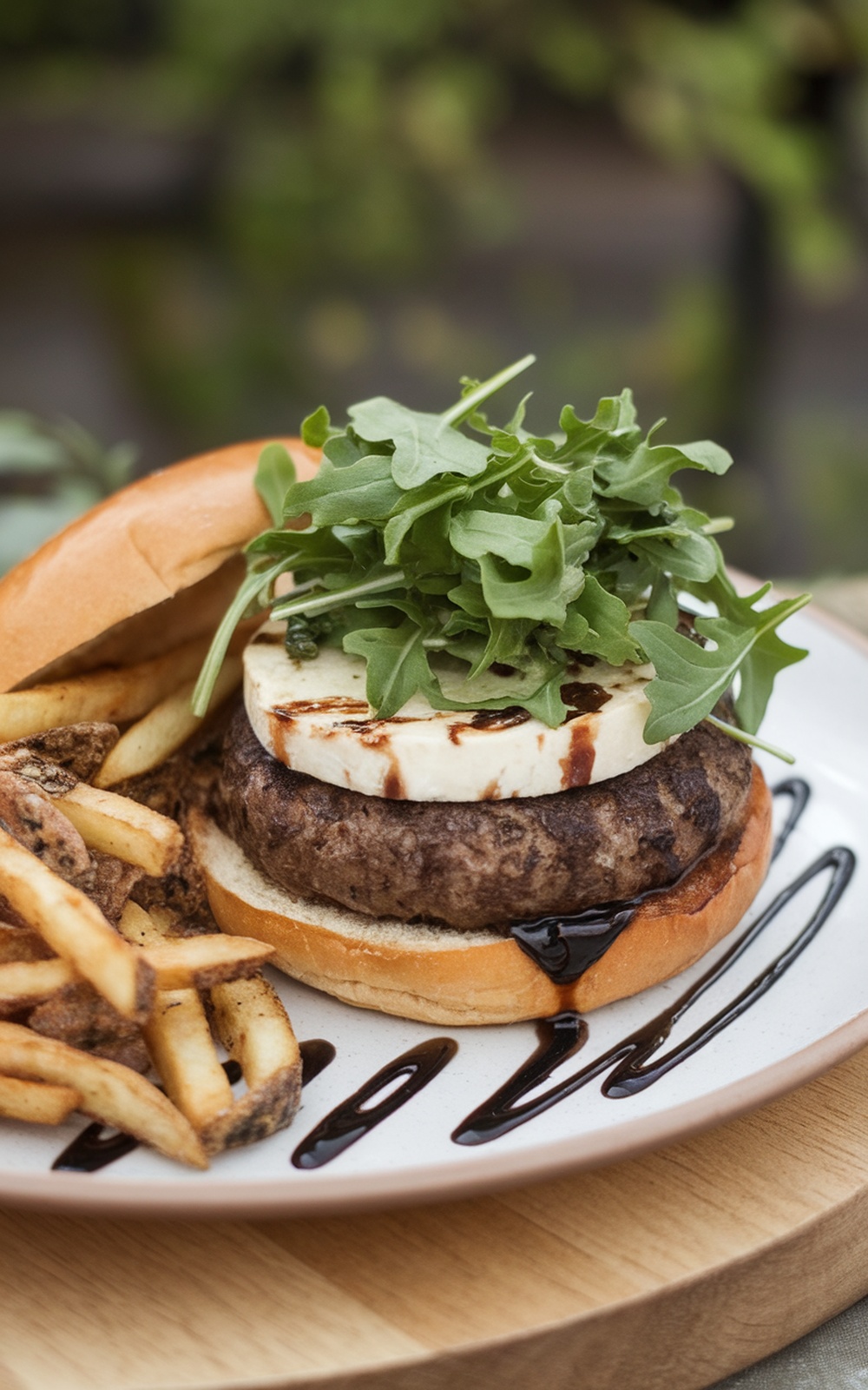 A Balsamic Glazed Portobello Burger with arugula and fries on a plate.