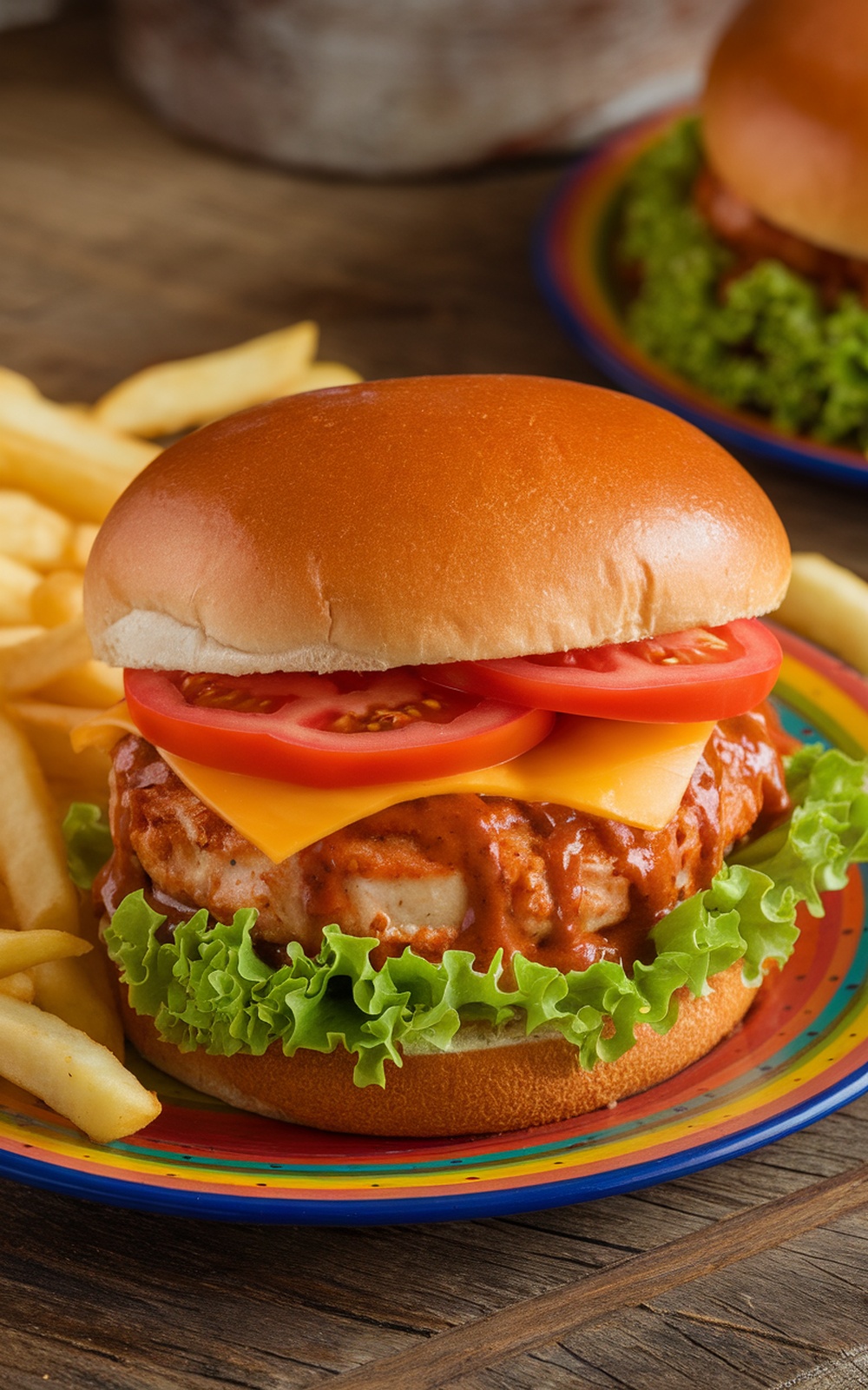 A delicious Chipotle Chicken Burger with lettuce, tomato, cheese, and fries on the side.