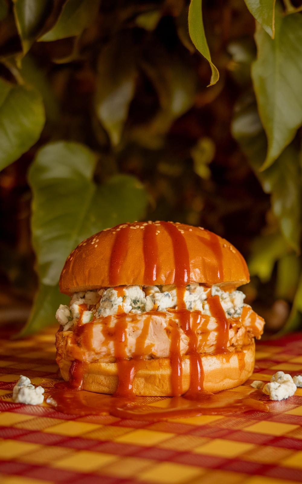 A Buffalo Chicken Burger with blue cheese and buffalo sauce on a sesame seed bun, set against a leafy background.