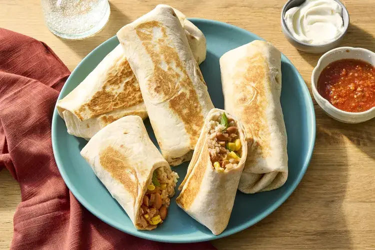 Crisp Golden Pinto Bean and Rice Burritos