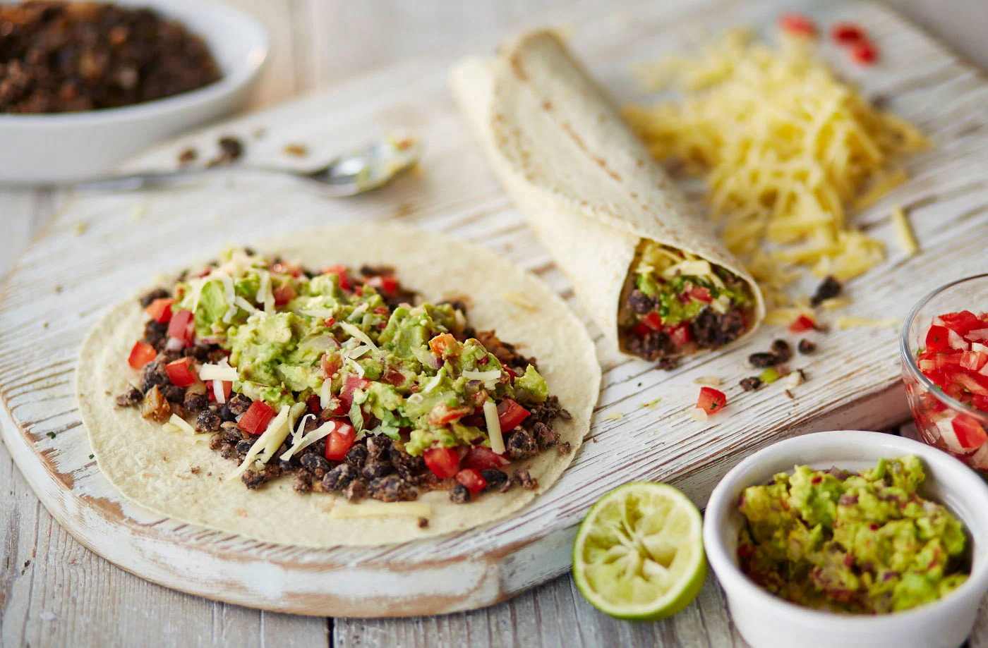 Smashed Black Bean and Guacamole Open Face Burrito
