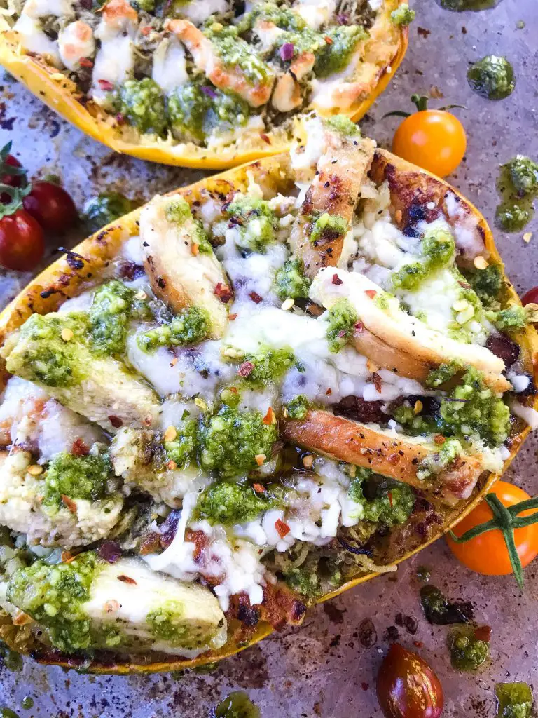 Pesto Chicken Spaghetti Squash Boats