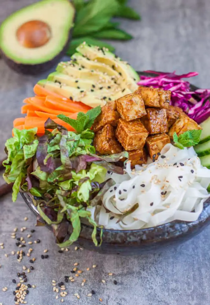 Noodle Bowl with Crispy Tofu and Avocado
