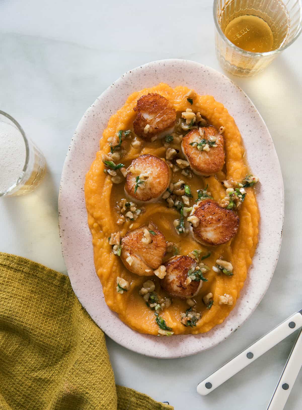 Seared Scallops over Sweet Potato Purée