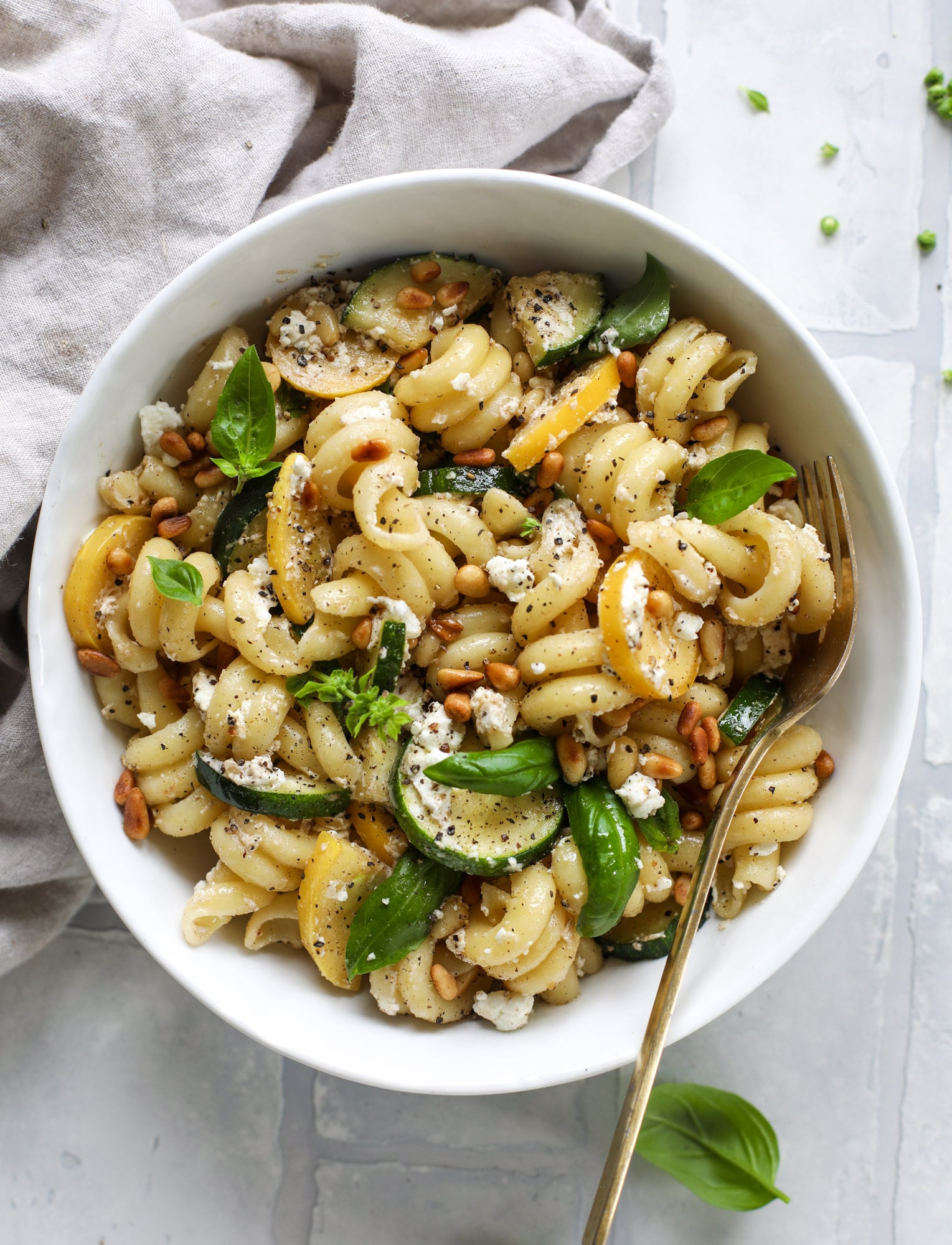 Summer Squash Pasta with Feta and Pine Nuts