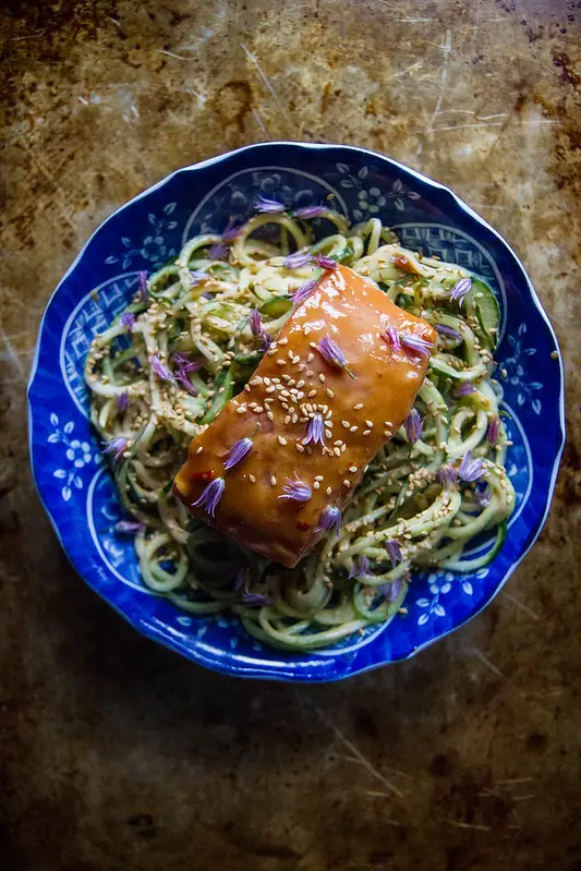 Glazed Salmon over Sesame Zucchini Noodles