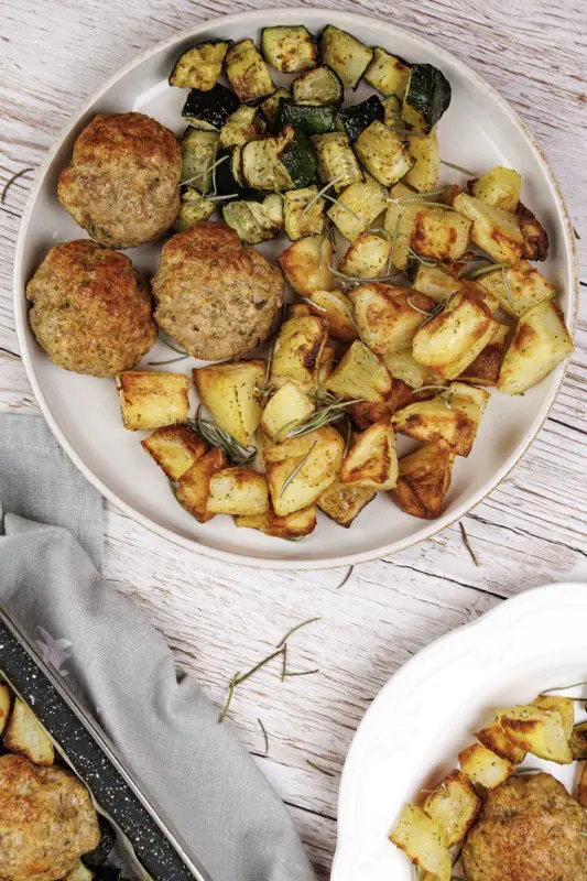 Baked Meatballs with Roasted Potatoes and Zucchini
